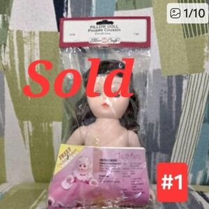 Vtg Fibre Craft Doll Pillow Doll 8" Tall Poupee Coussin Brown Hair Blue Eyes